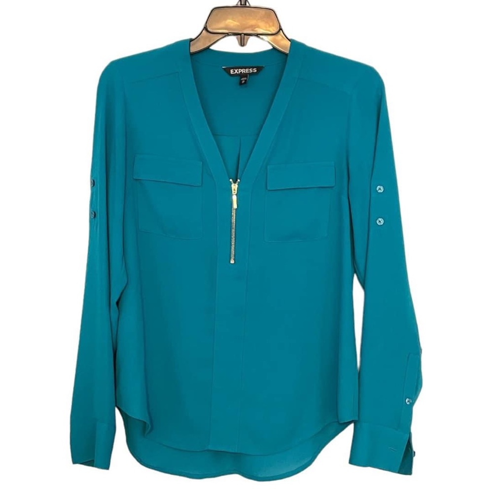Express zip front tunic blouse teal size XS, Roll tab sleeve
Front pocket look